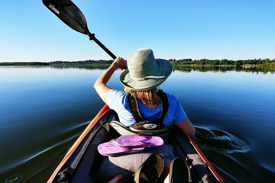 kayak wanita, alam, perahu, kano, danau, sungai, air, transportasi, topi, kapal laut