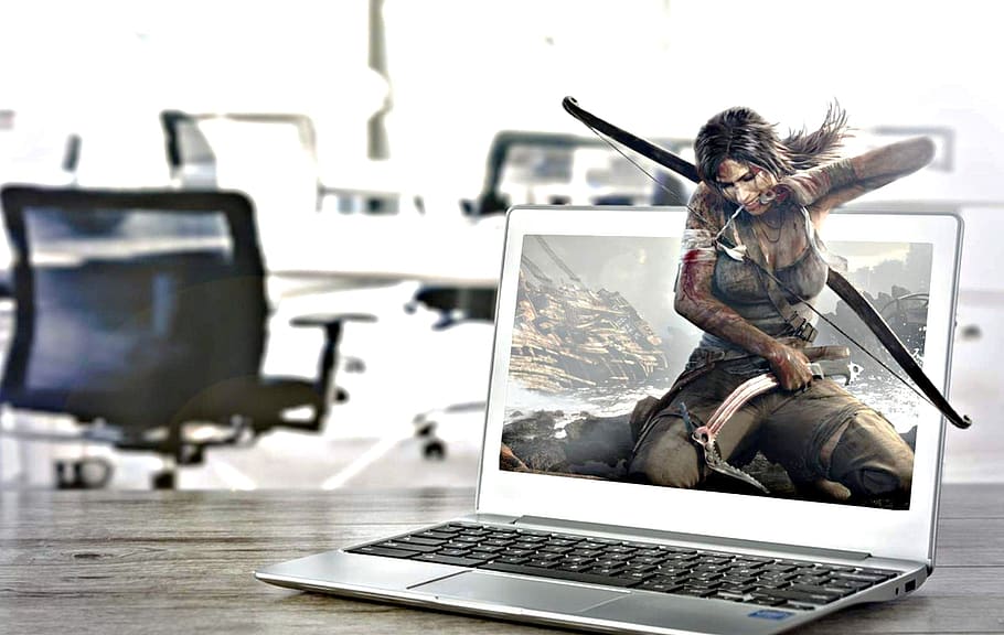 tomb raider, laptop, office, survival, realistic, 3d, fight, games, adventure, optical illusion