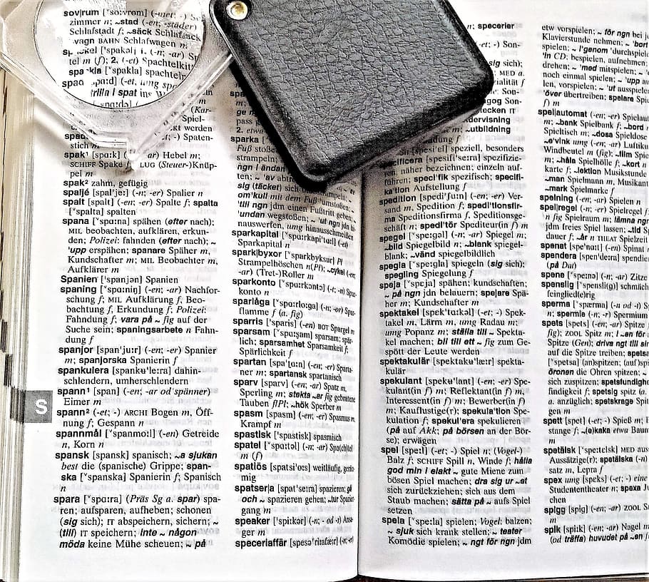 book, dictionary, swedish german, language, magnifying glass, magnification, translate, search, to find, read