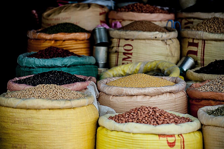 beans, lentils market, bags, bean, food market, lentil, lentils, market, oriental, spices