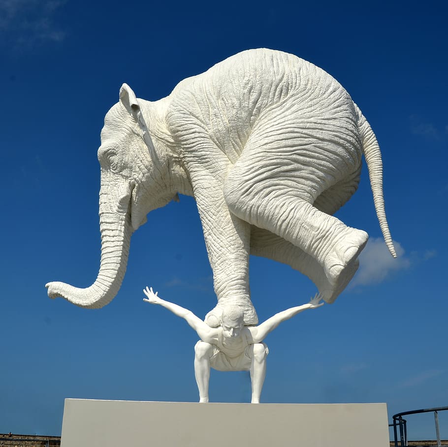 elefante, duro, presión, último, peso, cielo, animal, temas animales, representación animal, escultura
