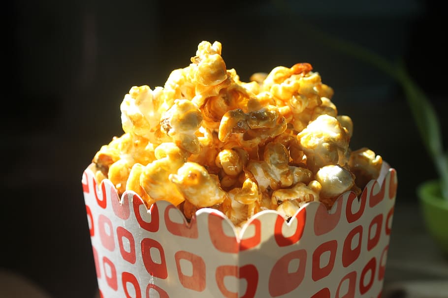 caramel popcorn, popcorn box red dot, snack, movie time, relax, holiday, food and drink, food ...