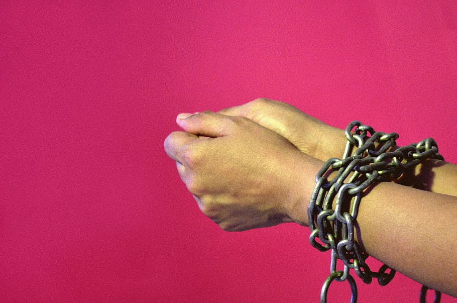 chained hands #2, concepts, creative, ideas, human body part, human hand, hand, colored background, bracelet, holding