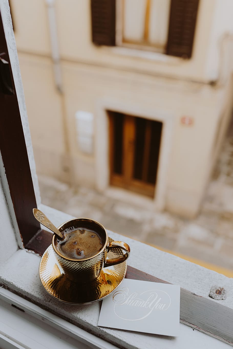 drink coffee, golden, cup, window, coffee, gold cup, gold, morning, slovenia, isola
