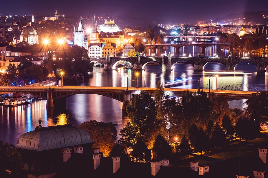 ciudad de praga, noche, chequia, arquitectura, puente, ciudad capital, puente de carlos, ciudad, checo, república checa