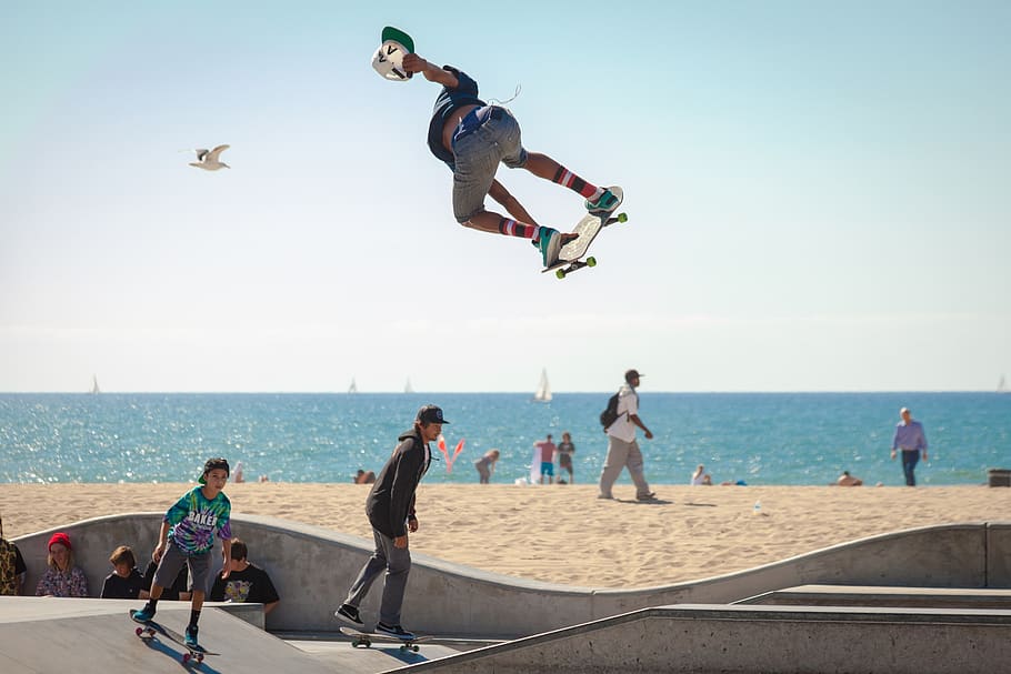 skateboard, pemain skateboard, pemuda, aktif, pantai, ekstrim, olahraga, dinamis, outdoor, taman