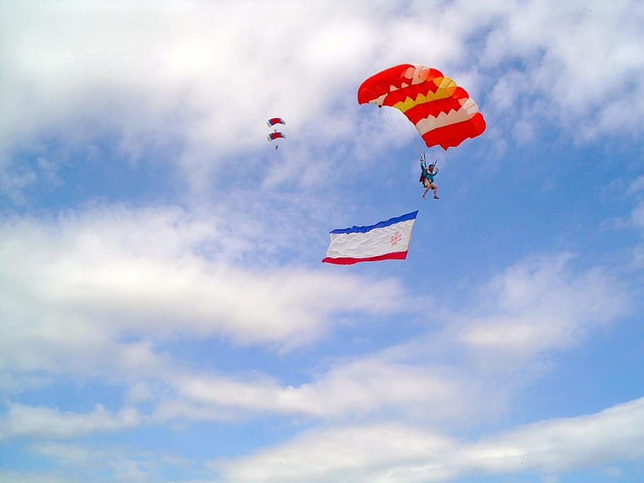 masculino, hombres, paracaídas, paracaidismo, paracaidista, personas, persona`` deporte, volando, nube - cielo, cielo