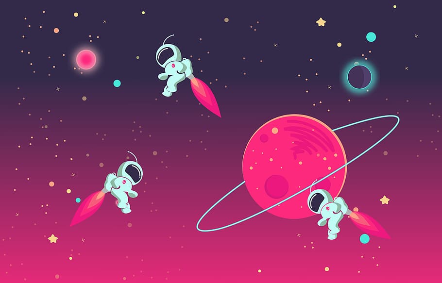 cartoon astronauts, playing, outer, space, astronaut, background, cartoon, cosmonaut, earth, red