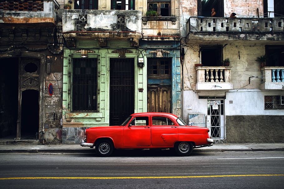 car, transportation, adventure, vehicle, old, vintage, house, home, abandoned, red