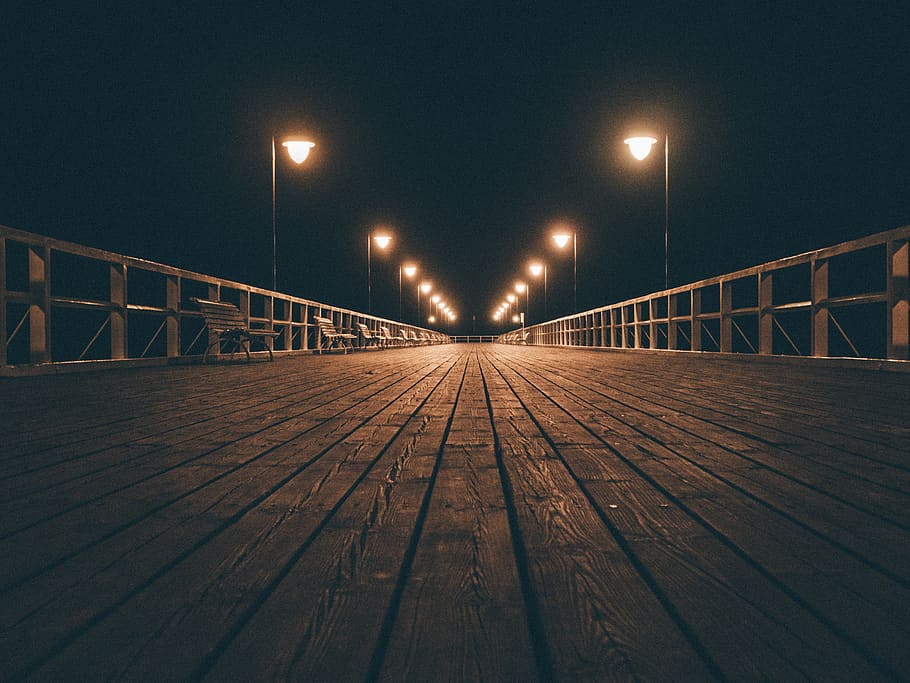 wood, boardwalk, pier, dock, night, evening, foggy, railing, lamp posts, illuminated