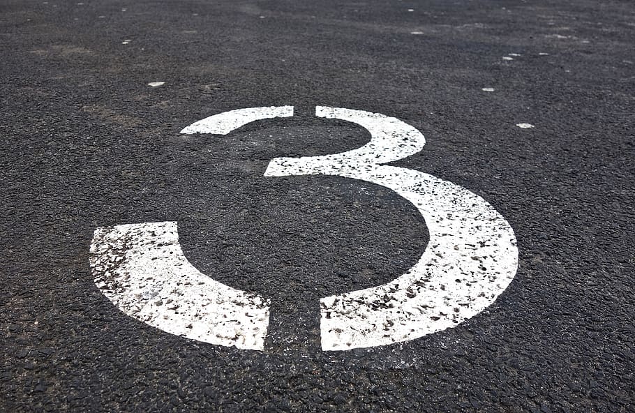 three, number, digit, numeral, symbol, sign, tarmac, parking lot, parking section, road