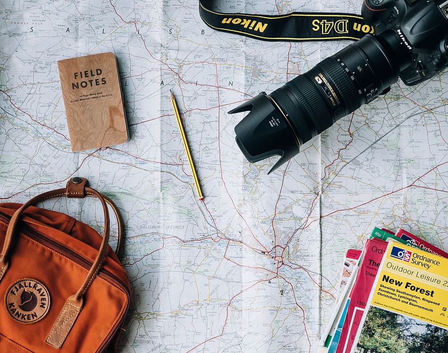 notebook, bag, magazines, camera, photography, pencil, map, travel, world map, high angle view