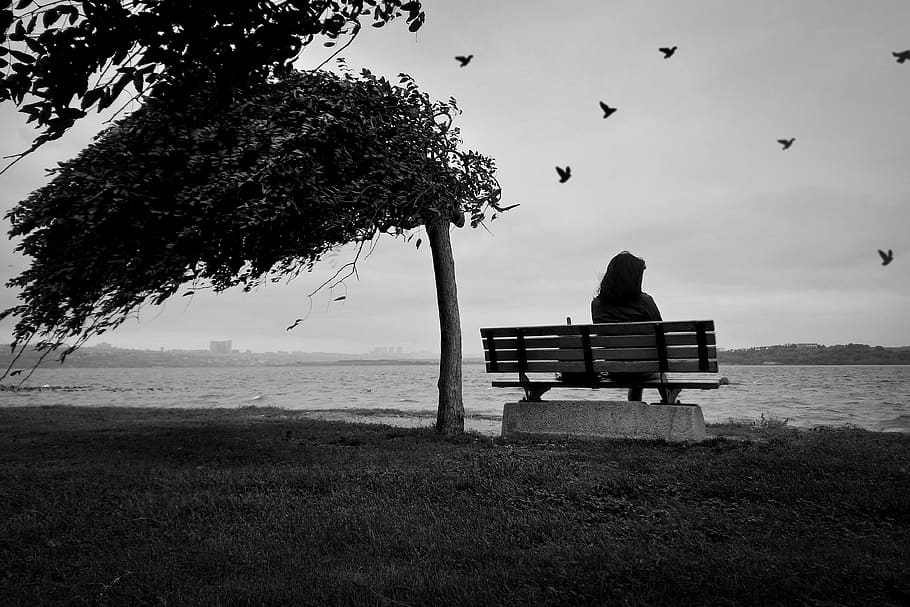 black and white, woman, girl, people, beautiful, sadness, dark, tree, loneliness, bench