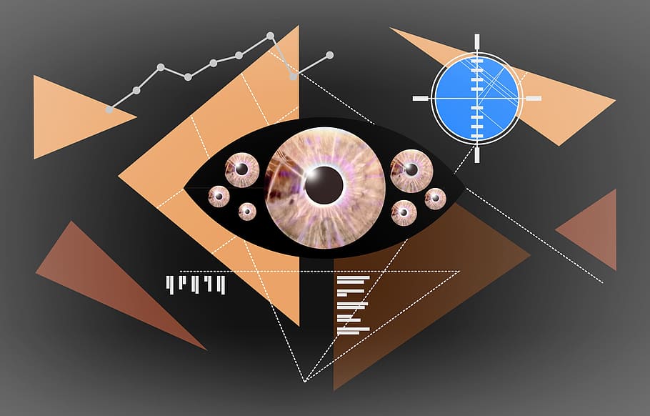 olhos, -, resumo, conceito, reconhecimento biométrico, escuro, biotecnologia, olho, ilustração, ciência