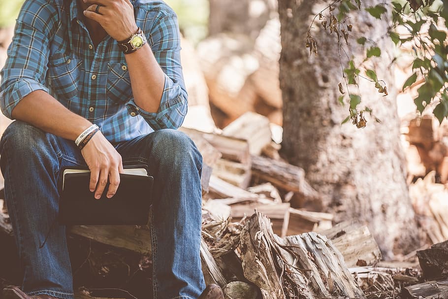 man, reading, jeans, cotton, shirt, watch, book, bible, forest, wood