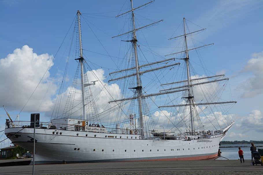 barco de treinamento de vela, marina, museu, navio de treinamento, mar báltico, stralsund, navio museu, marinha, três mastros, embarcação náutica