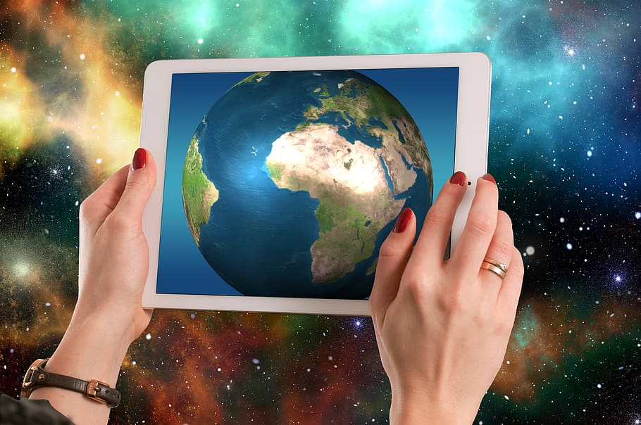 africa, tablet, universe, space, planet, spherical, technology, woman, viewing, hands