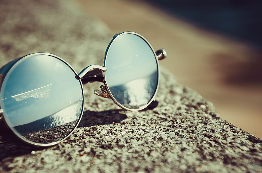 sunglasses, reflection, summer, beach, bokeh, blur, eyewear, rock, adventure, travel