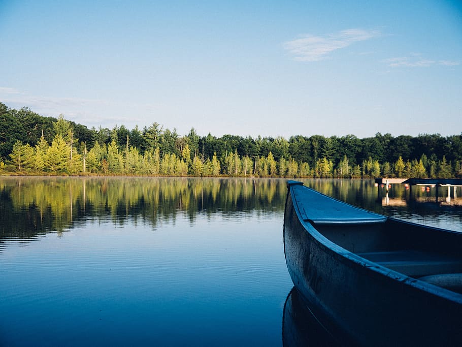 canoe, lake, water, reflection, trees, forest, outdoors, nature, landscape, cottage