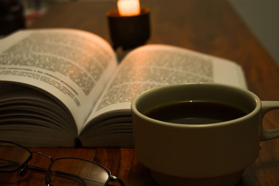 lenses, book, reading, sunglasses, light, coffee, mug, publication, cup, food and drink