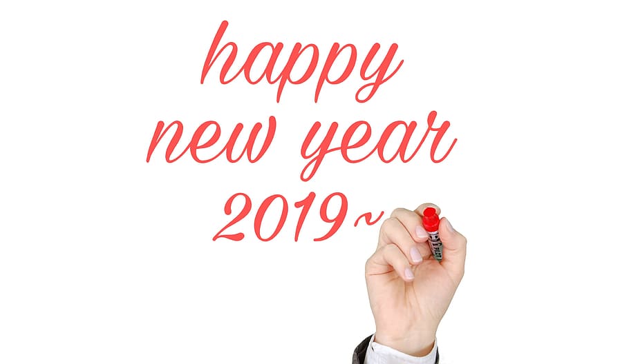mão, marcador, escrevendo, feliz, novo, ano 2019, ano novo, feliz ano novo, 2019, saudação
