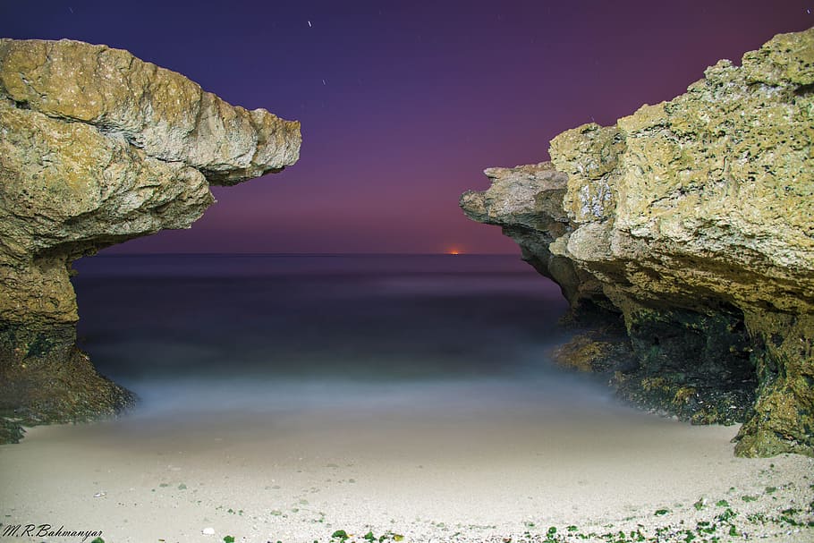vista de roca, mar, atardecer, puesta de sol, Irán, golfo, playa, arena, púrpura, rojo