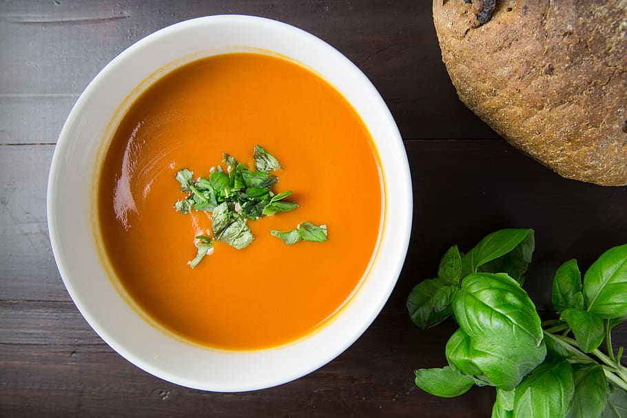 soup, tomato, bowl, overhead, herbs, bread, basil, nutrition, food and drink, food