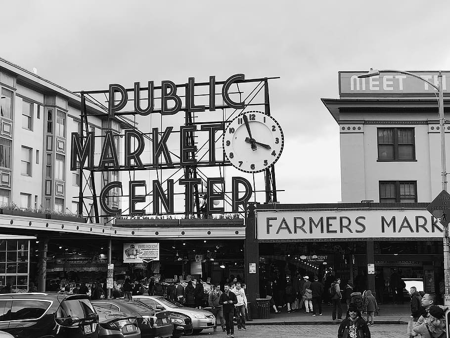 mercado, Seattle, Washington, lucio, lugar, mercado público, comida, punto de referencia, turismo, firmar