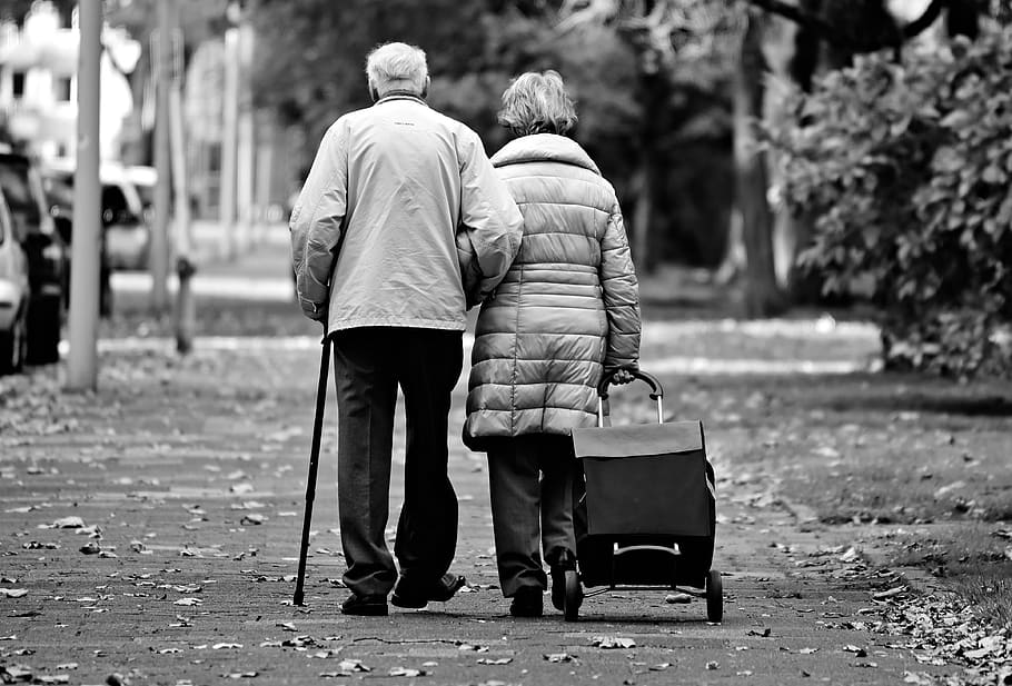 man, woman, elderly couple, two, together, togetherness, friendship, marriage support, walking stick, neighbourhood