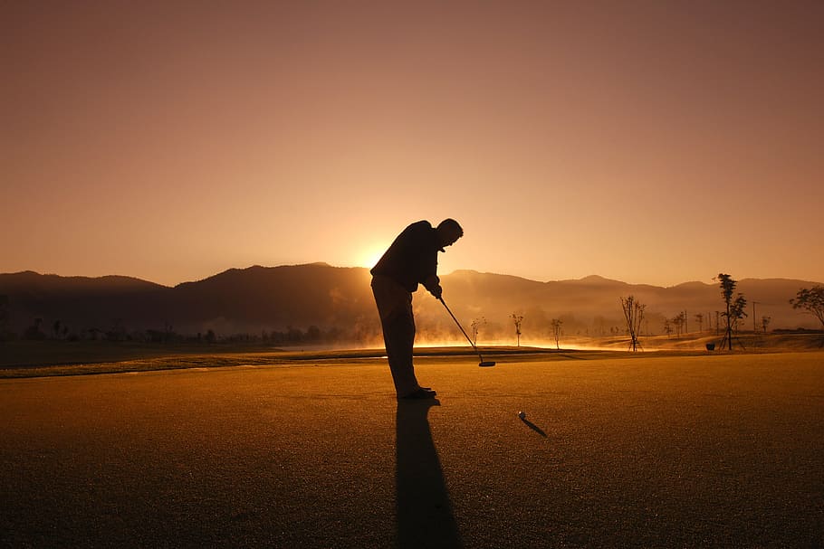 man playing golf, peopleSport, golf, man, golf course, activity, taking a shot - sport, sport, silhouette, golf club