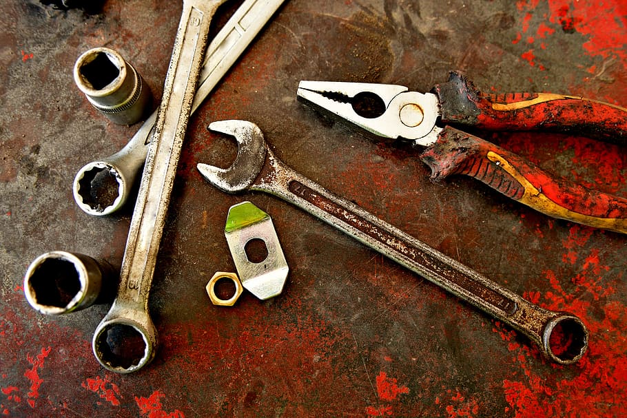 colour rust, rust, steel, tools, machine, spanner, pliers, red, old, worn