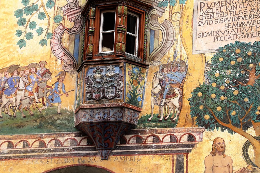 frescoes, house, old house, the art of, painting, coat of arms, architecture, religion, building, travel
