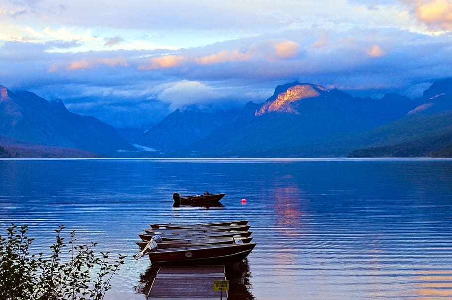 lago mcdonald barcos de aluguel, água, lago, geleira, nacional, parque, montana, natureza, paisagem, céu