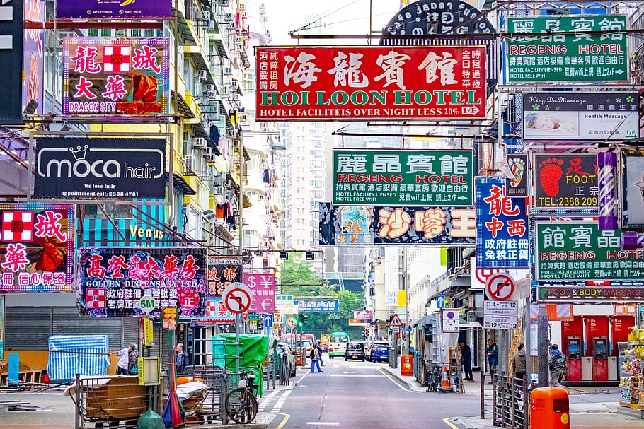mong kok, hong kong, color, compras, peatón, construir, calle, asia, kowloon, señales
