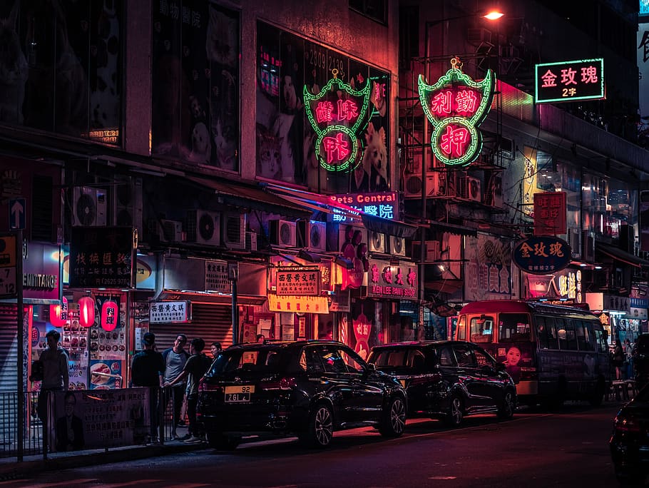 hong kong, neon, road, auto, china, futuristic, architecture, night, urban, lighting