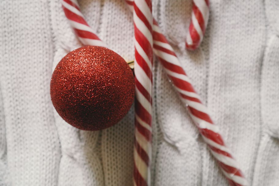 Navidad, día, rojo, bola, polkagris, caramelo, bastón, dulce, decoración, ornamento