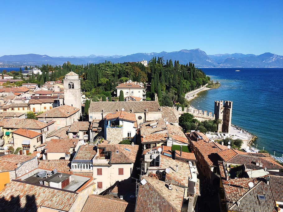 sirmione, headland, garda lake, italy, lake garda, houses, from above, red roofs, from the castle, overview