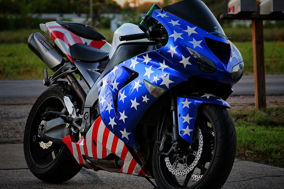 motorcycle, patriotic, merica, kawasaki, biker, fast, transportation, mode of transportation, helmet, land vehicle