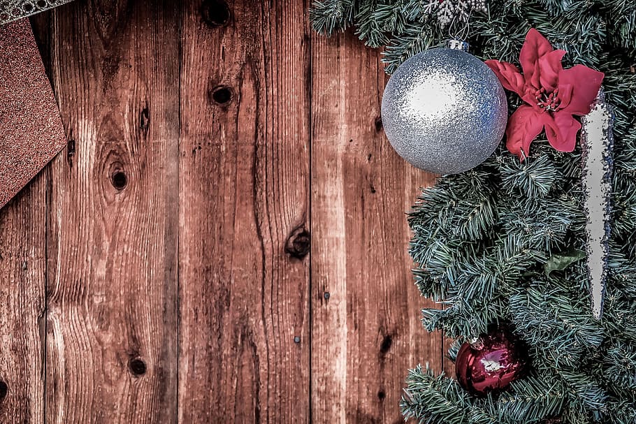 ornaments, pine branches, wooden, texture, copyspace, christmas, holiday, seasonal, background., hanging