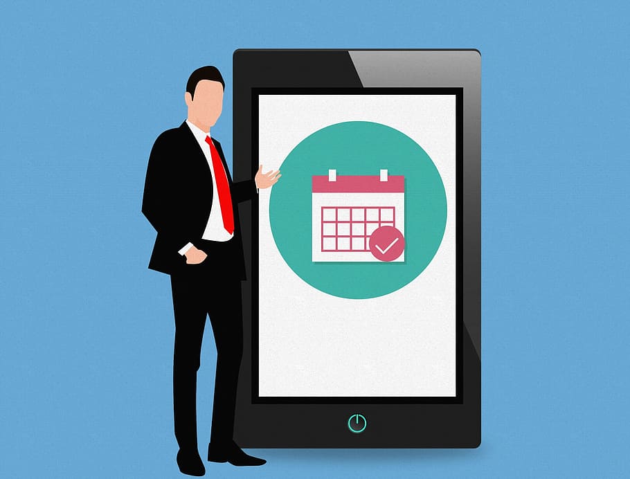 aplicativo de calendário, móvel, tablet, em pé, ilustração do empresário, ilustração., calendário, ícone, pictograma, web
