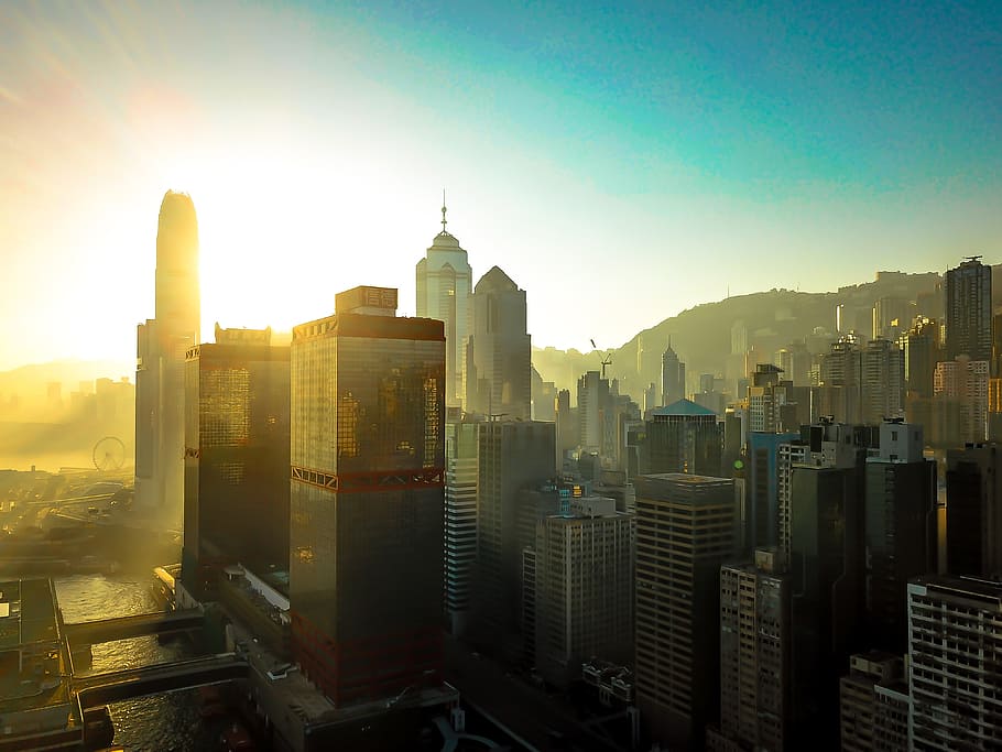 Hong Kong, sol, cidade, incrível, zangão, viagens, arquitetura, construção, casa, azul
