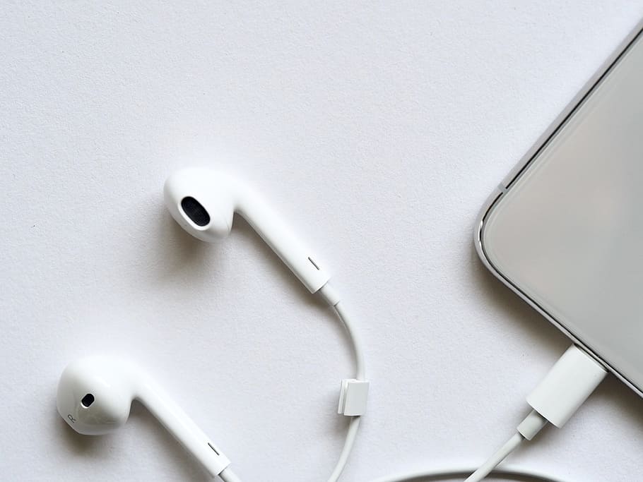 apple, earpods, music, headphones, iphone, ios, white, minimal, technology, mobile
