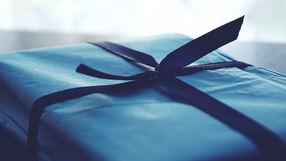 gift, present, wrapping, blue, ribbon, gift wrap, close-up, ribbon - sewing item, bow, indoors
