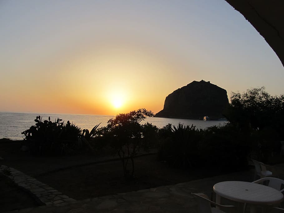 sun, sunrise, cliff, sea, morning, bythesea, Monemvasia, Greece, sky, sunset