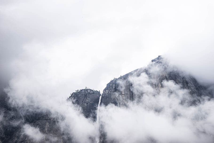 mountains, peaks, summit, above the clouds, foggy, cliffs, landscape, sky, grey, nature