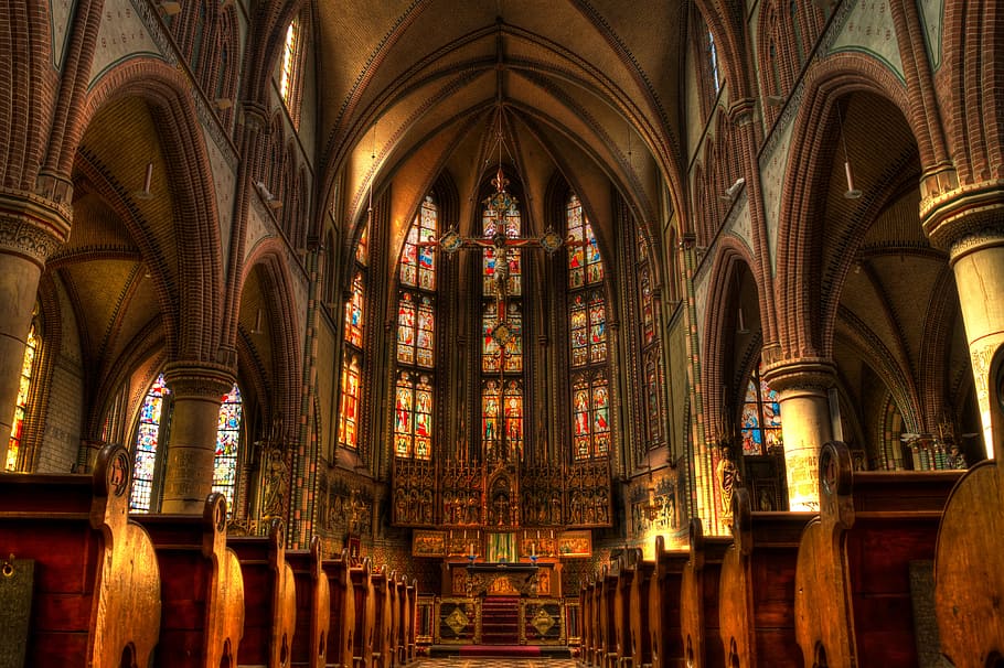 church, religion, stained glass windows, arches, benches, aisle, cross, architecture, place of worship, belief