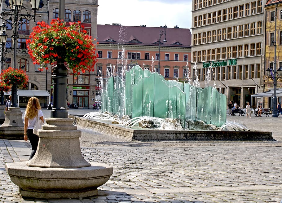 wrocław, mercado de wrocław, fuente, fuente de hielo, casas adosadas, arquitectura, casco antiguo, fachadas, turismo, verano