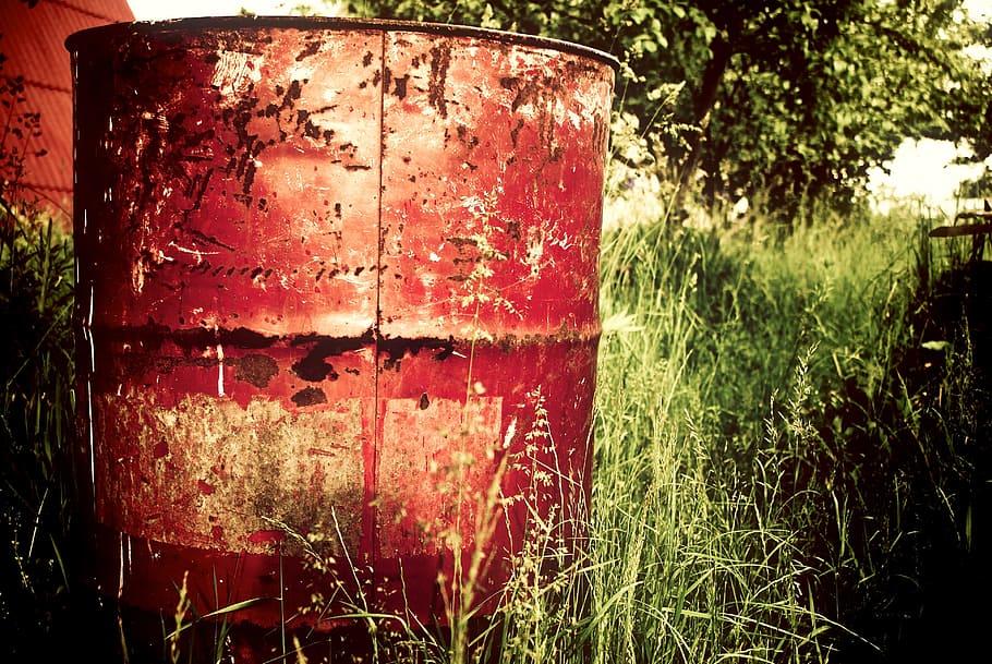 farm, red, trash can, garbage can, barrel, rust, trees, grass, green, wheat