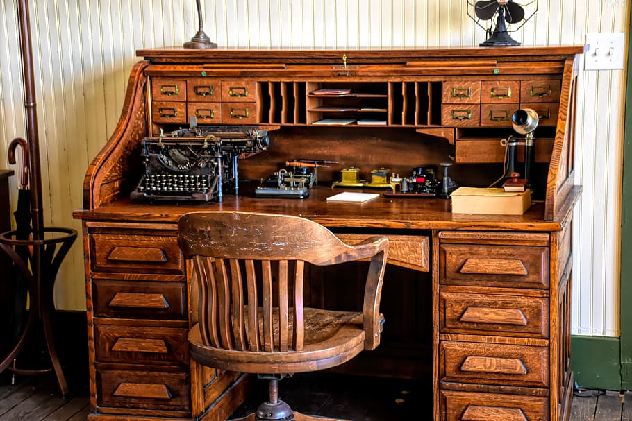 vintage office, typewriter, antique phone, desk, office, antique, old, nostalgia, telephone, vintage