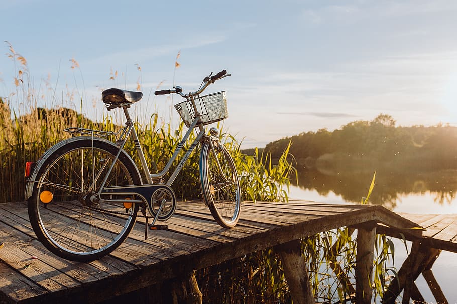 bicicleta, cesta, cais, brilhante, luz do sol, noite, férias, pôr do sol, viagem, ciclista